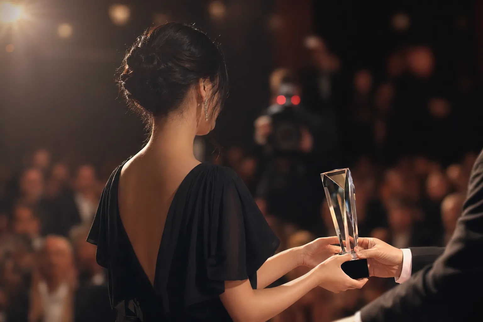 An elegant celebrity figure receives a trophy on a festival stage under warm cinematic lights.
