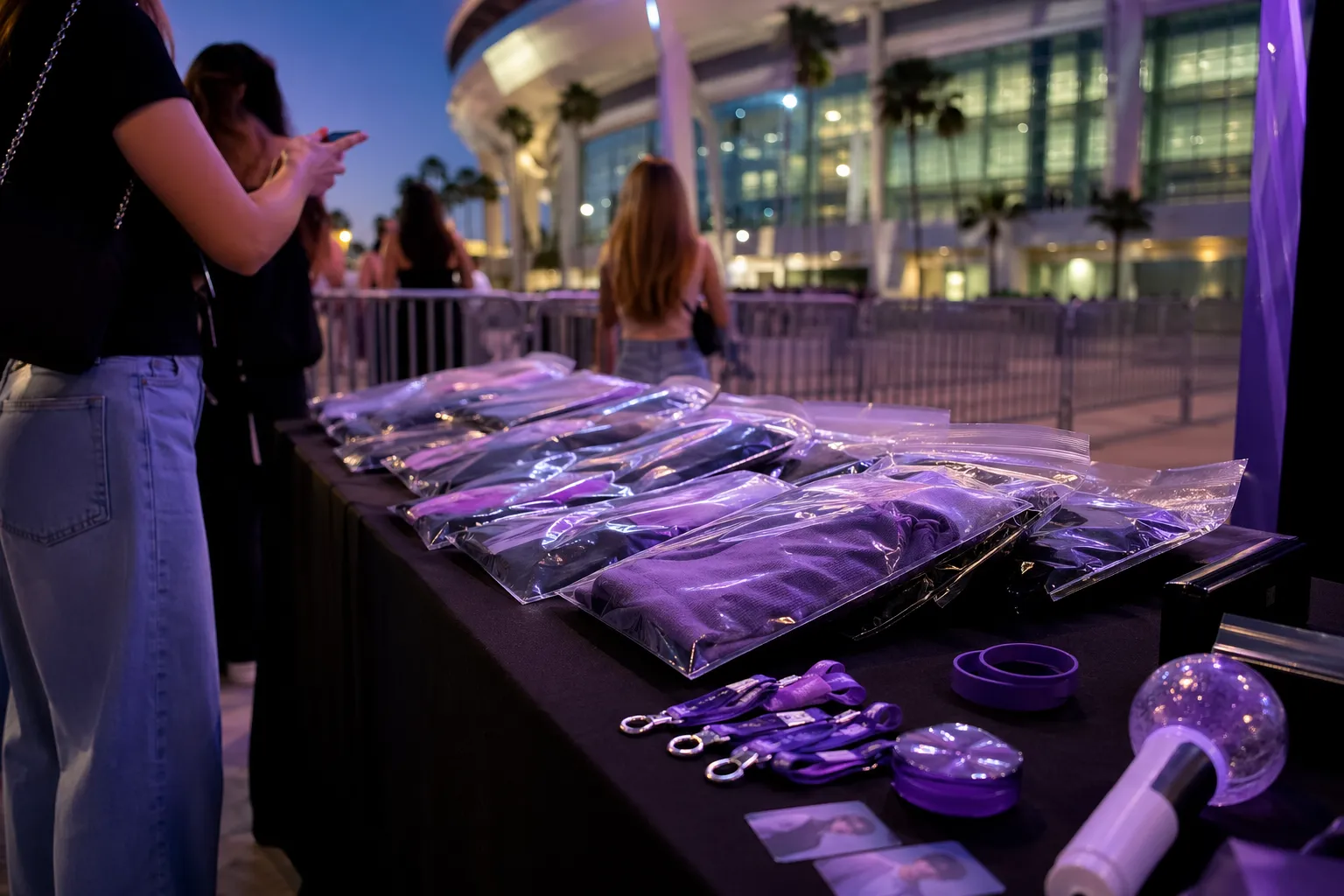 Concert merchandise pickup setup with purple fan accessories near a Tampa stadium.