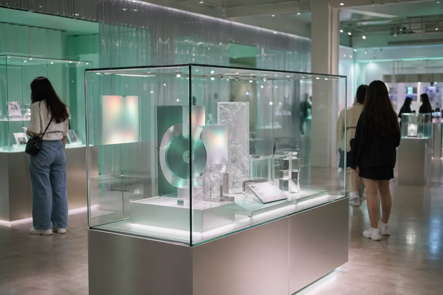 A modern Seoul K-pop exhibition space with abstract album displays and fans viewed without identifiable faces.