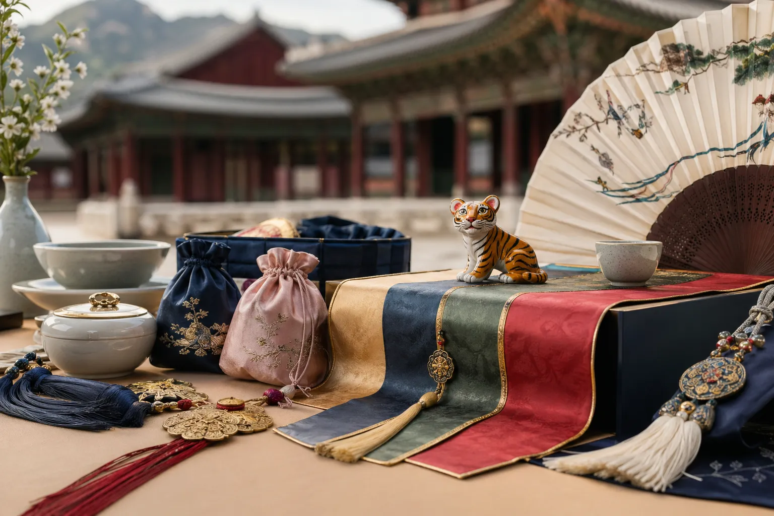 Royal culture goods and tiger-themed items displayed at a K-heritage pop-up store