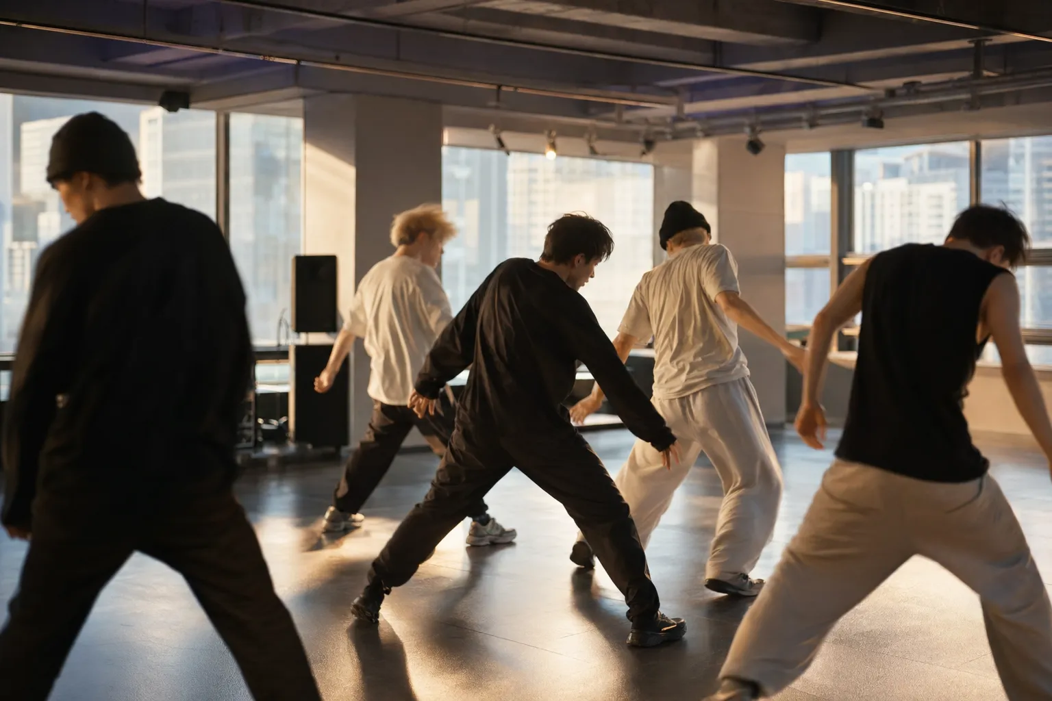 K-pop group preparing for a June mini album comeback in a Seoul rehearsal studio