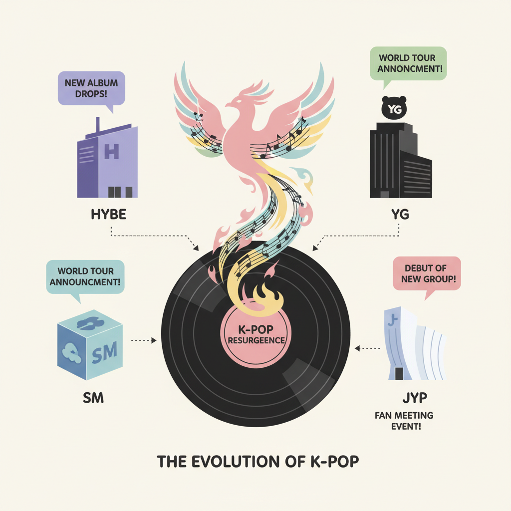 Illustration of a phoenix rising from a vinyl record with icons of major K-pop labels and announcement speech bubbles, symbolizing BIGBANG's return and label announcements