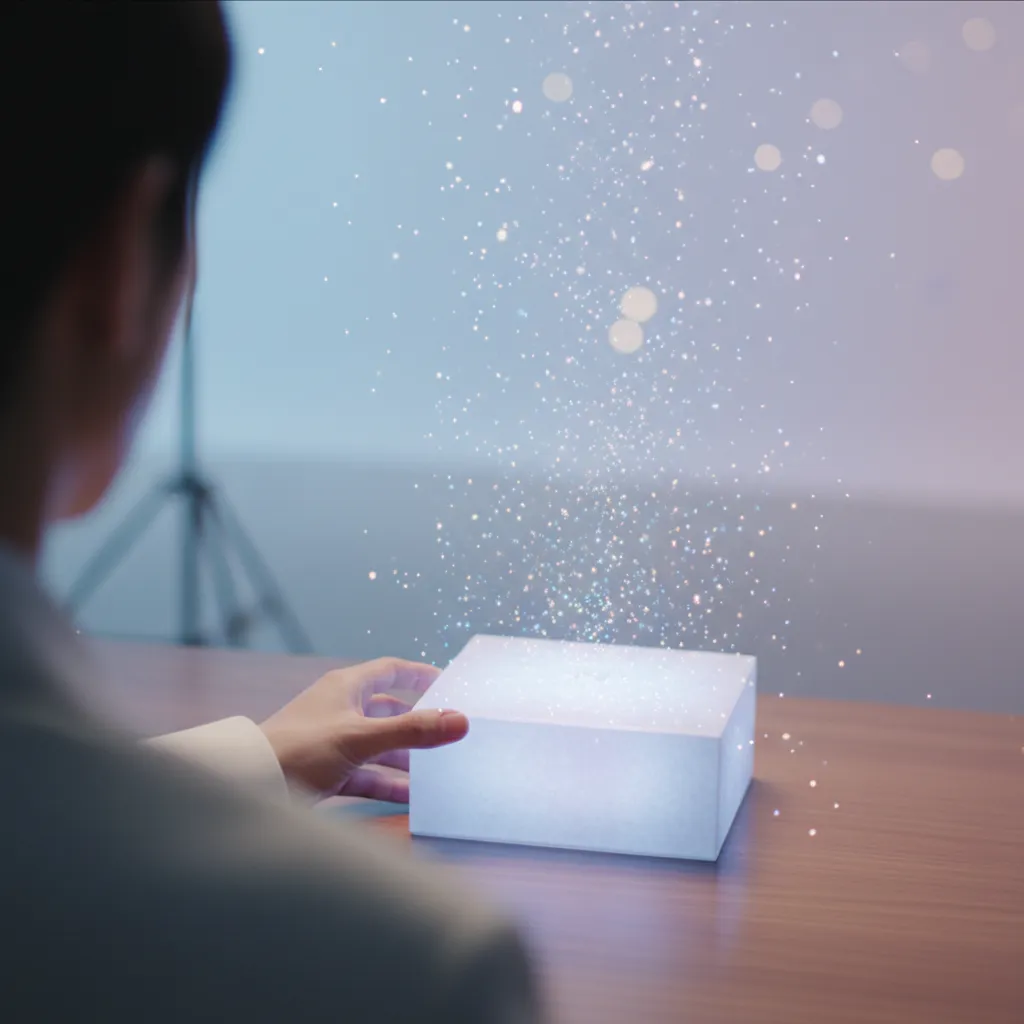 Hand placing a glowing album on a table with light specks, symbolizing record‑breaking first‑week sales.