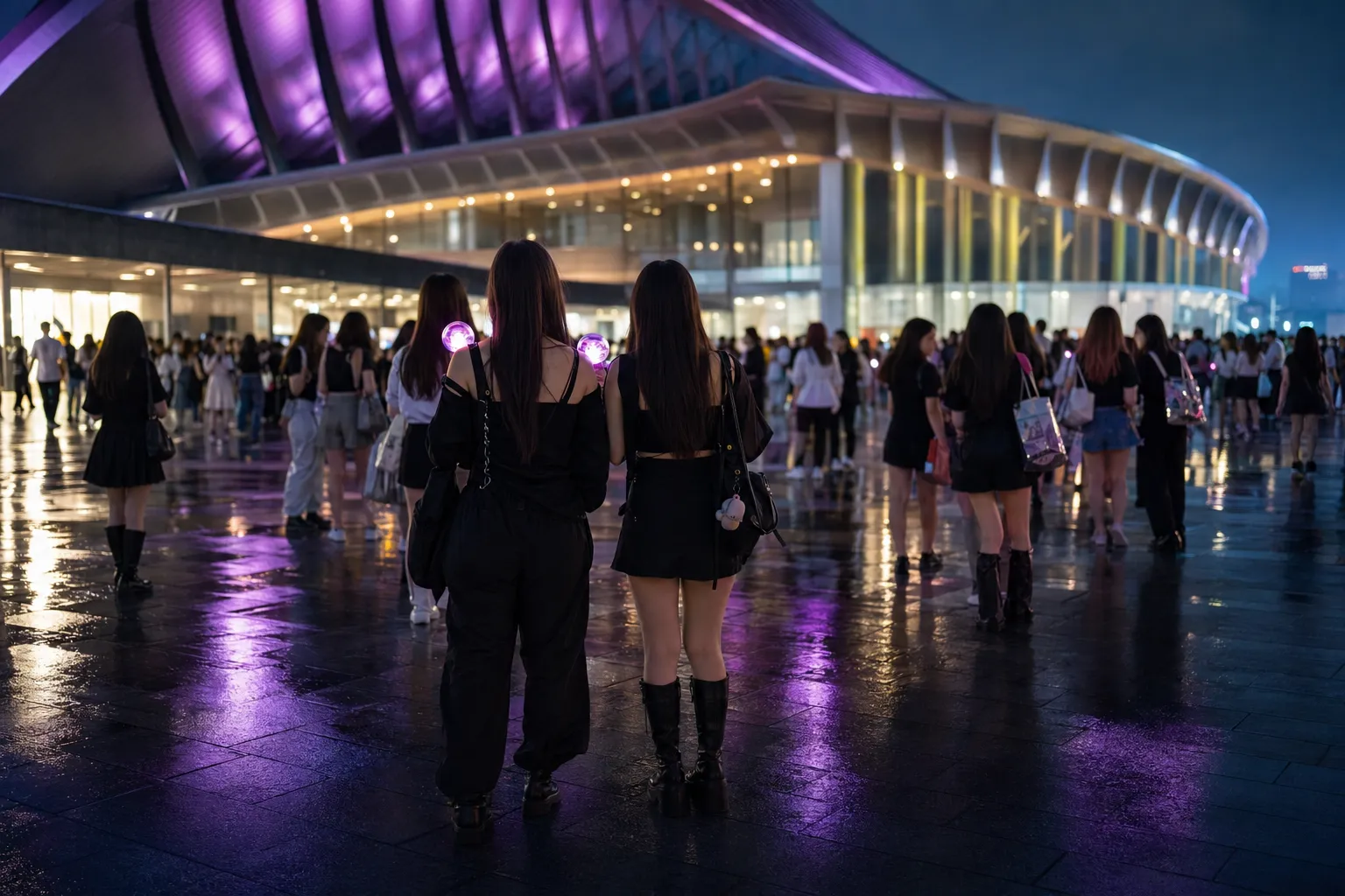 K-pop fans gather outside a large Japanese venue with light sticks before a concert.