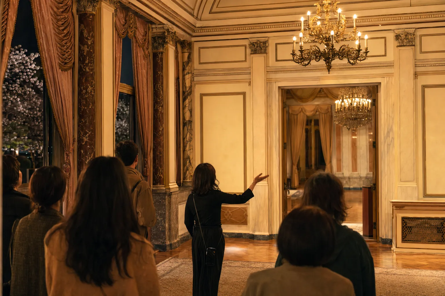 A guided evening interior tour inside Seokjojeon with warm historic lighting.
