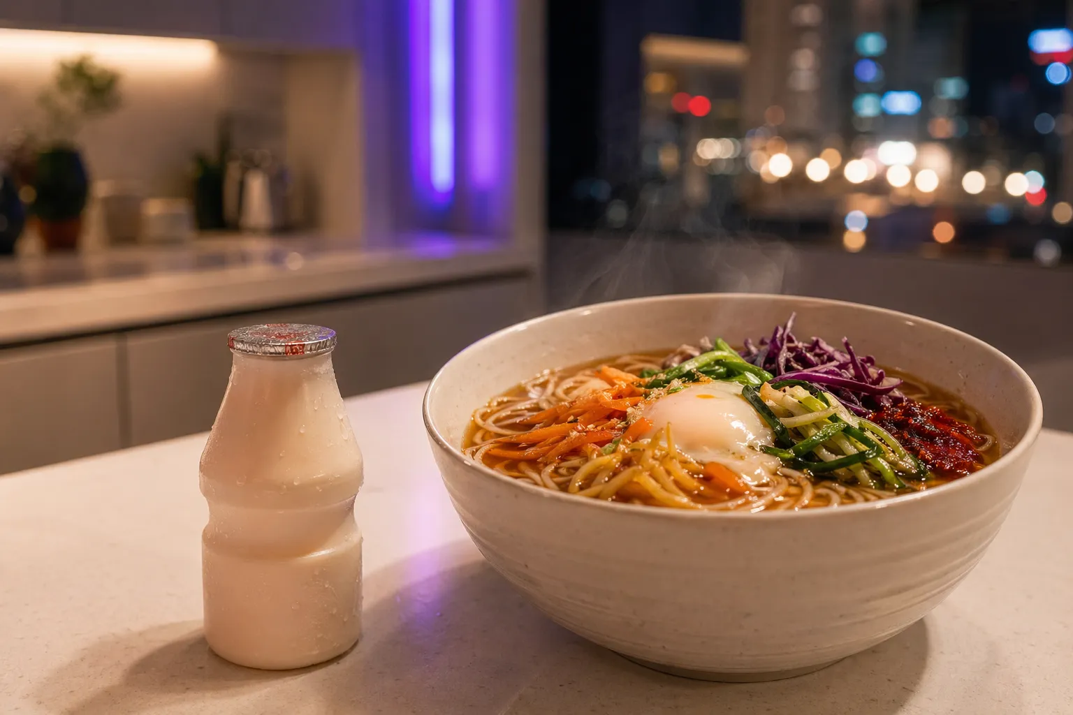 A Korean-style noodle bowl and chilled drink on a modern counter with Seoul-inspired lighting.