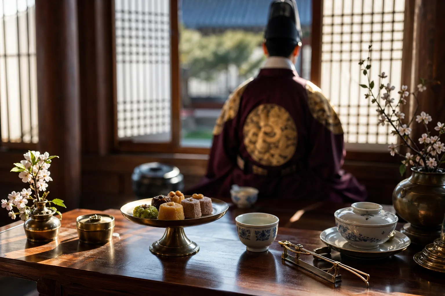 Royal refreshments inside a Gyeongbokgung Saenggwabang tea room with a Danjong-inspired atmosphere.