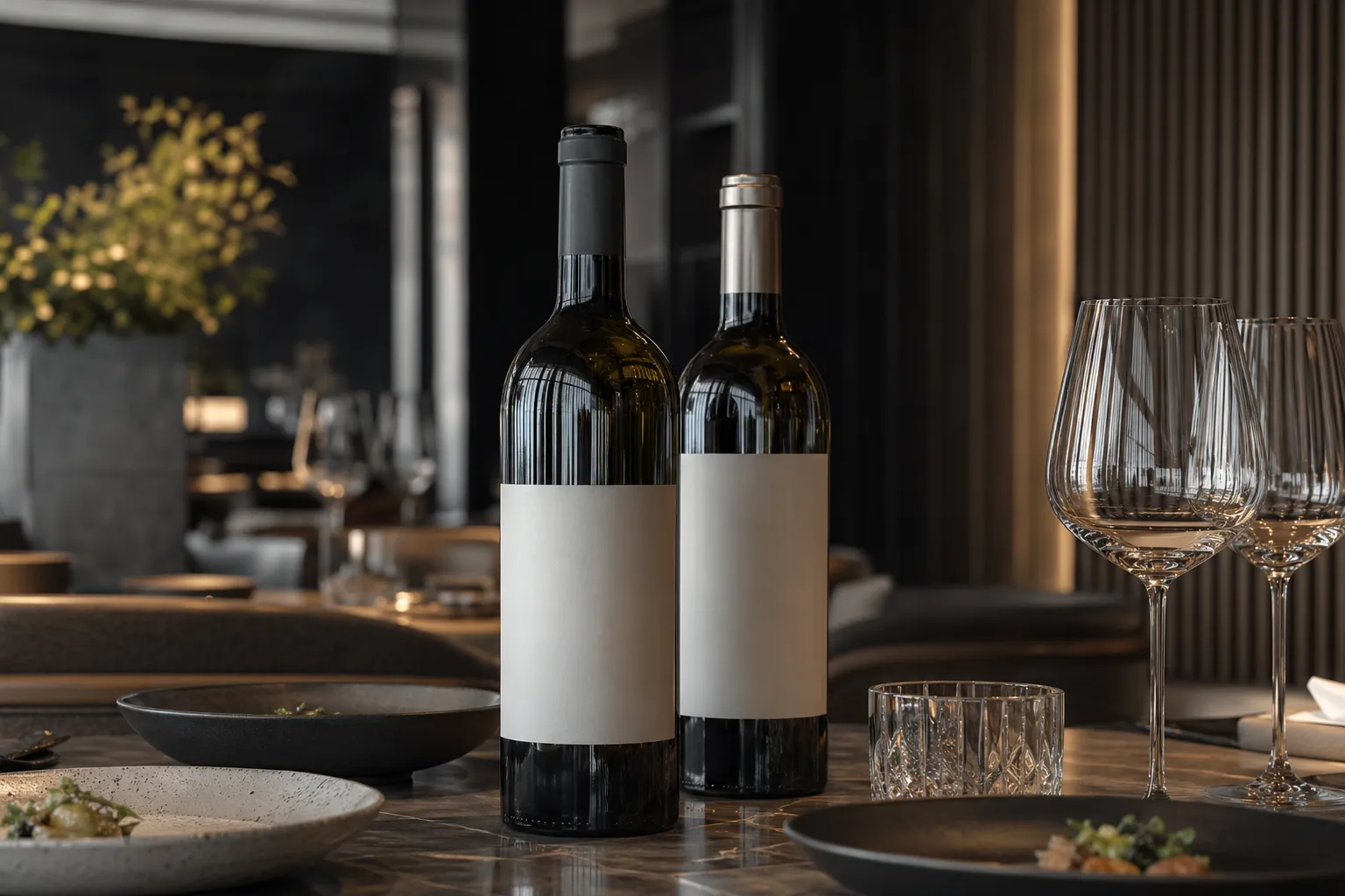 Close-up of blank wine bottles and fine-dining dishes suggesting a vintage pairing controversy.