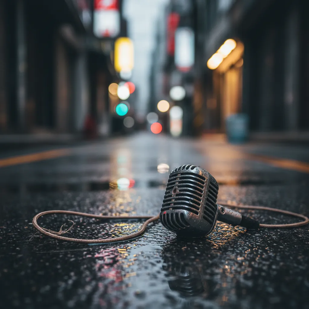 Abandoned microphone on a rainy Seoul street symbolizing the end of an agency contract.