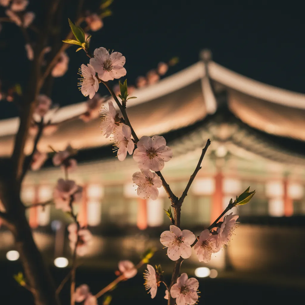 Apricot blossoms at Deoksugung Seogeodang at night, highlighting the article's focus on blossoms rather than palace night tour
