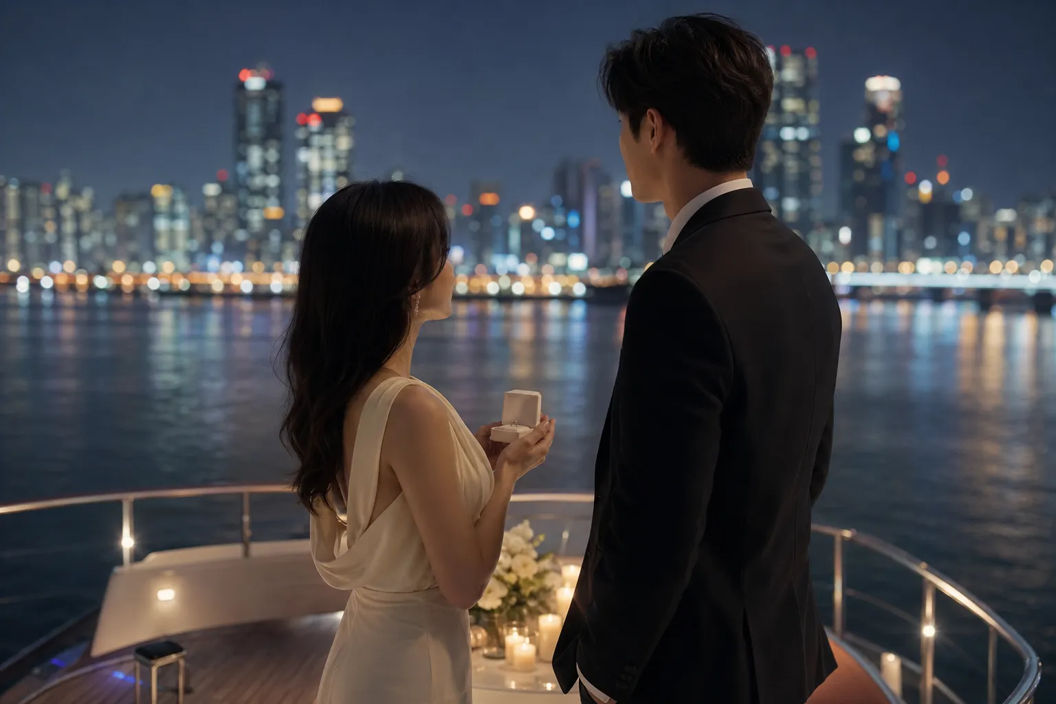 Elegant yacht proposal moment with a Korean drama couple under Seoul night lights, faces kept indistinct.