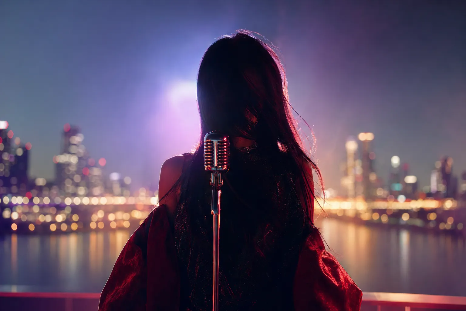Cinematic Seoul rooftop performance scene with an anonymous pop singer silhouette and psychedelic remix lighting.