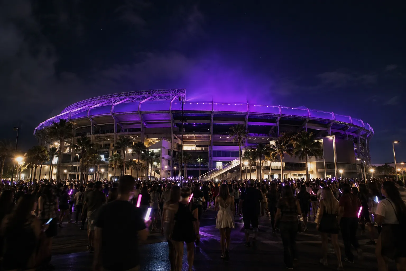 Fans gather outside a Tampa stadium glowing with purple concert lights for a K-pop world tour.