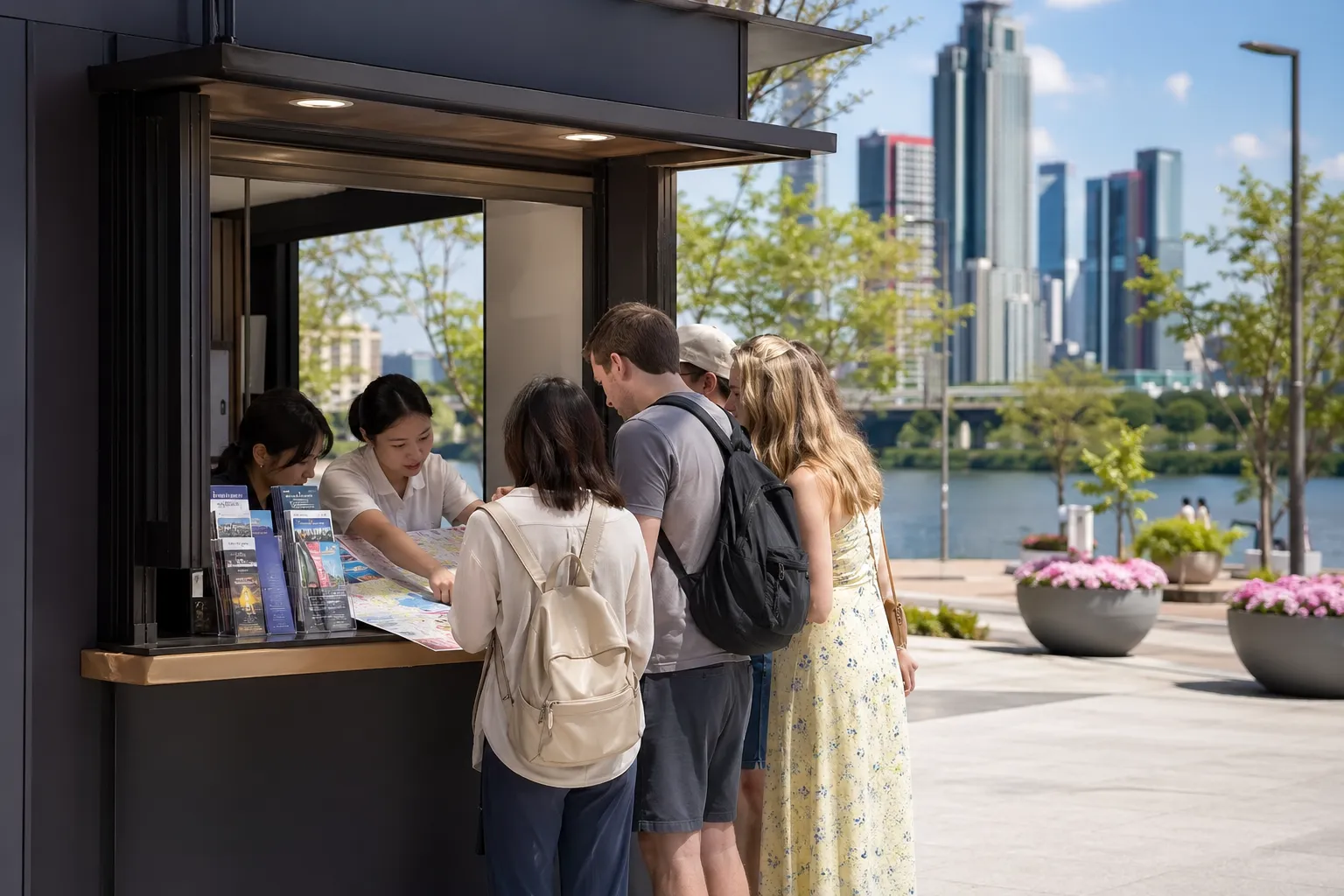Tourists receiving travel guidance at a Seoul Welcome Week visitor booth near Yeouido in spring.