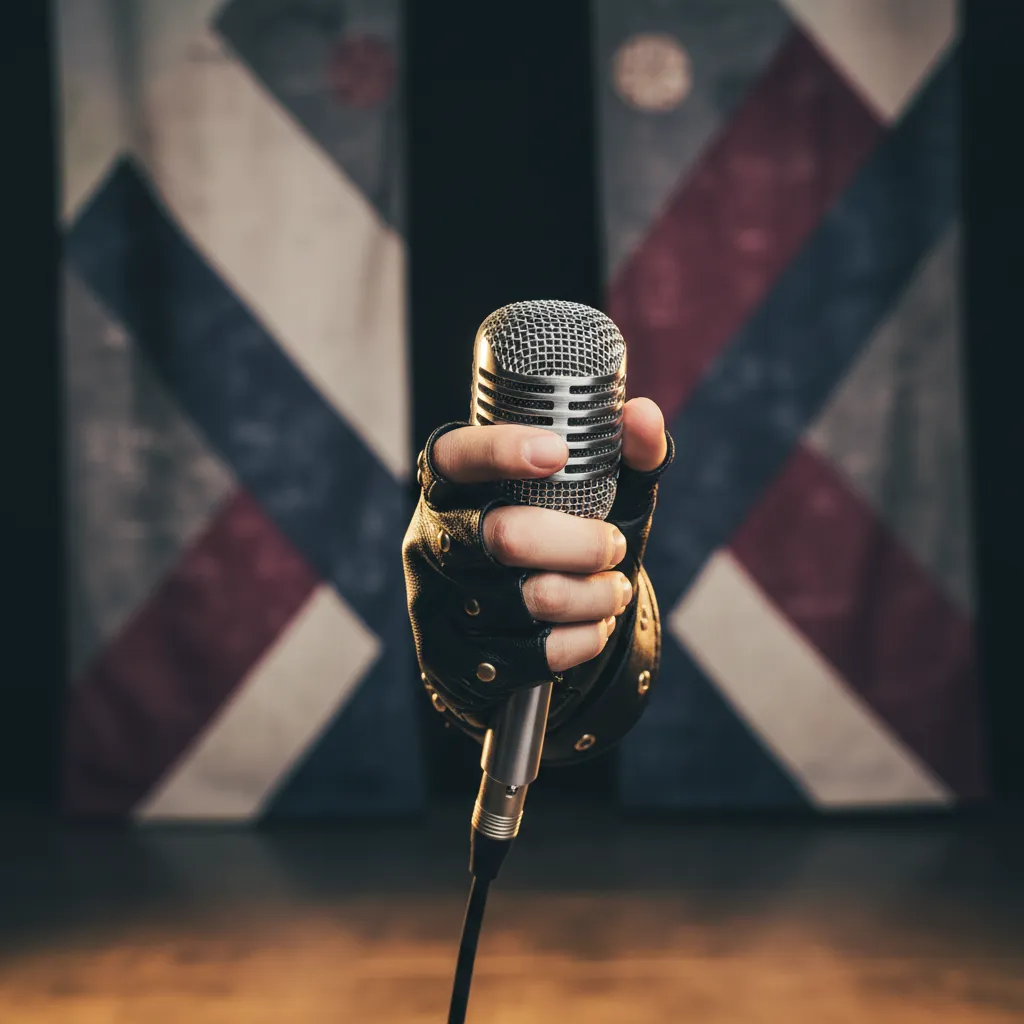 Close-up of a hand on a microphone with stage lighting, illustrating the debut performance moment