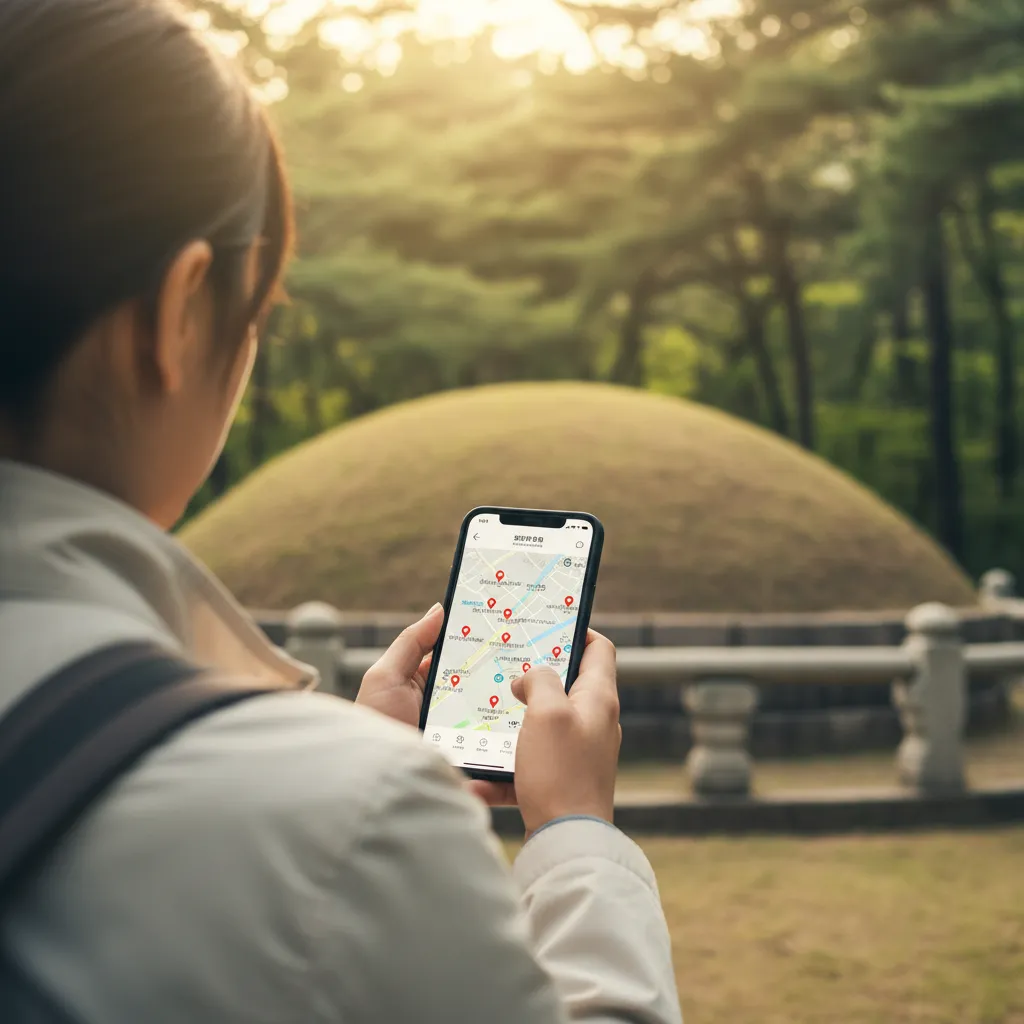 Foreign tourist using a smartphone to navigate Joseon royal tombs, illustrating increased foreign visitation