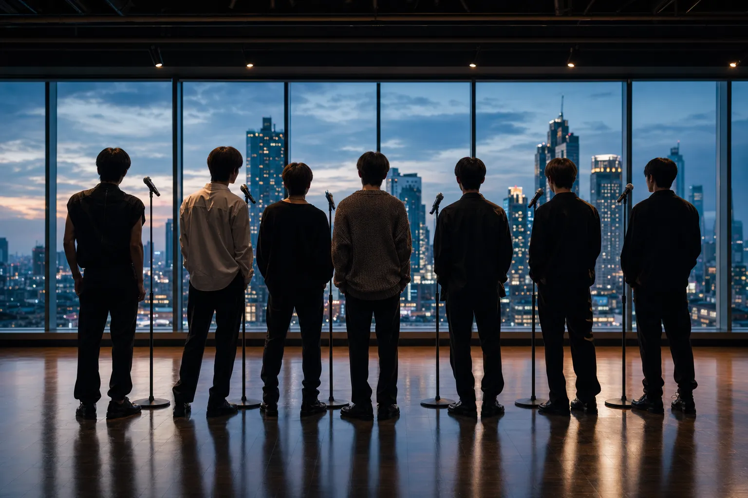 Anonymous K-pop group silhouettes in a Seoul rehearsal studio under cinematic blue and gold lighting.