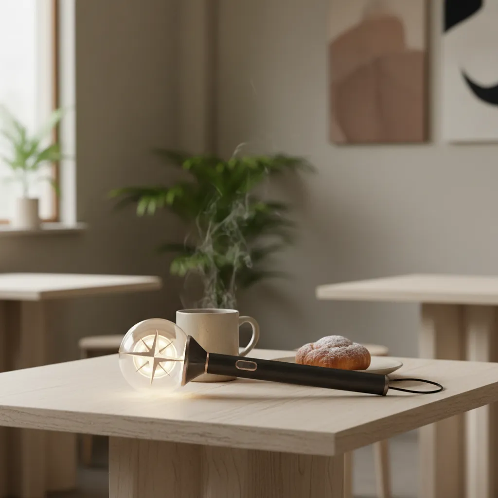 ATEEZ light stick on a café table with coffee, illustrating everyday use