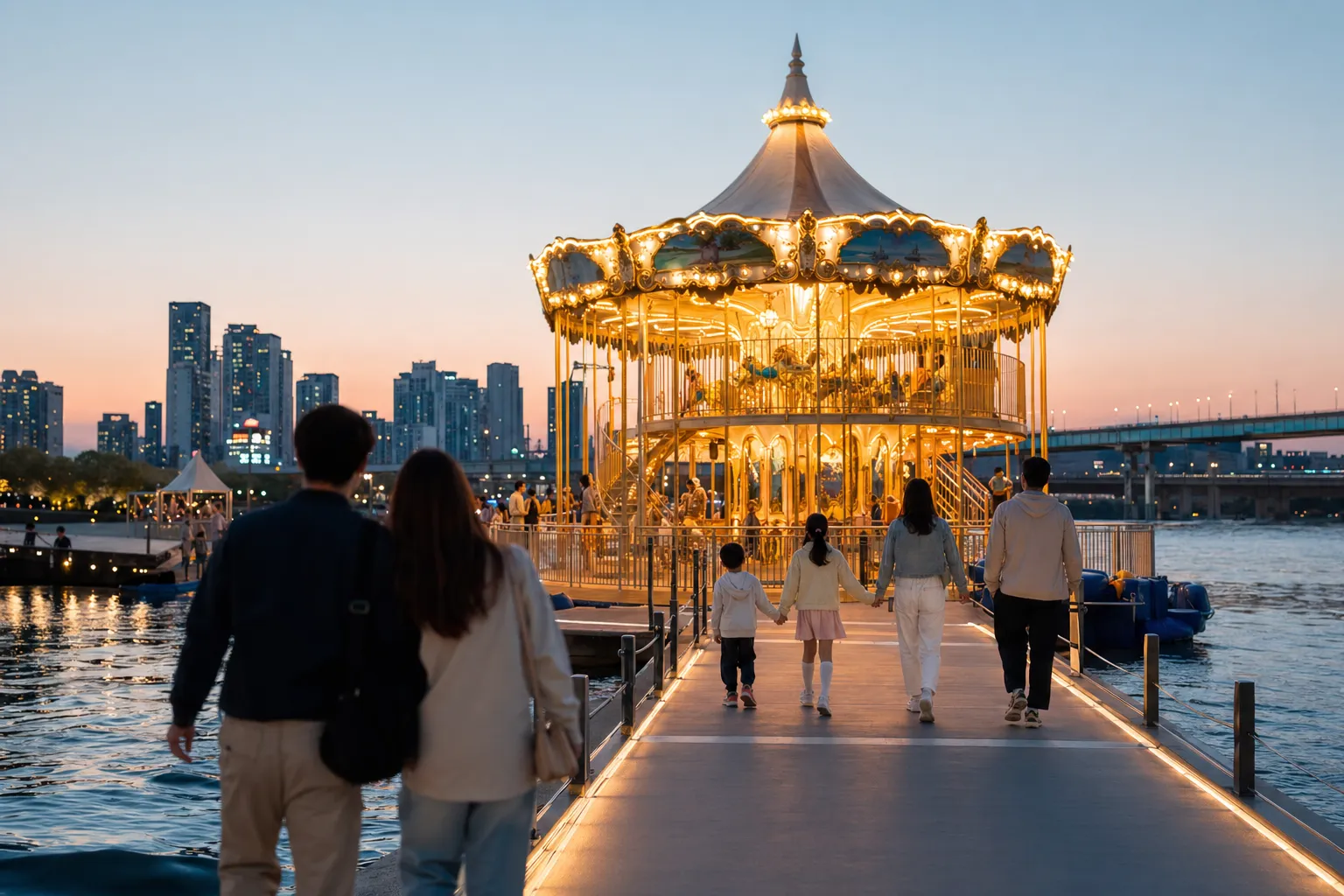 Festival visitors walking toward the Hangang Carousel floating ride at dusk in Seoul.