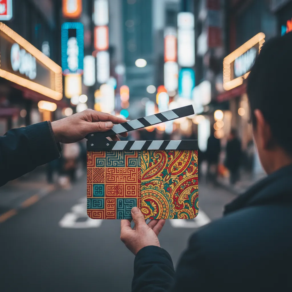 Director's hands on a clapperboard fused with Korean and Indian patterns, illustrating the joint film collaboration.