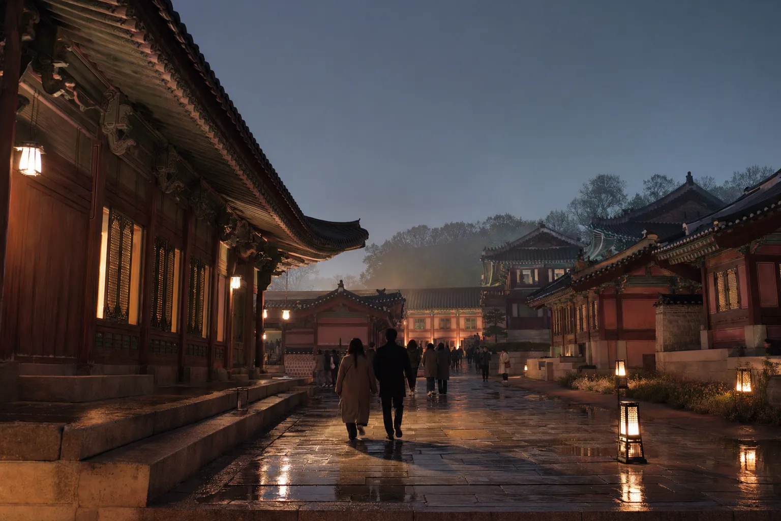 Visitors walk along a lantern-lit stone path inside Changdeokgung Palace at night.