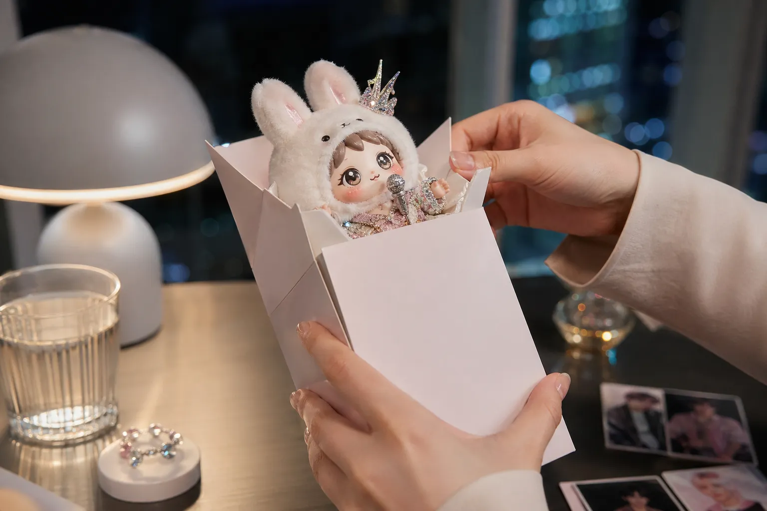 A fluffy K-pop collaboration collectible figure being unboxed in a Seoul night setting.