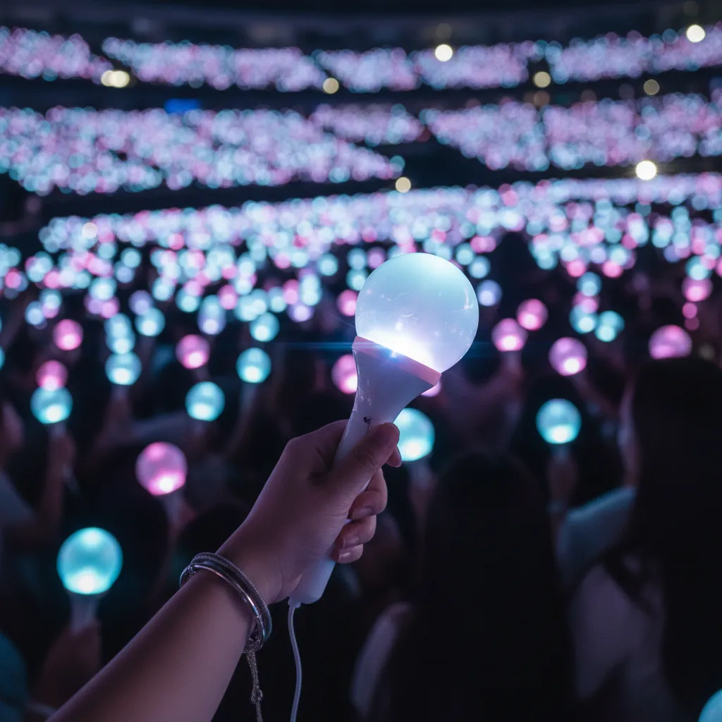 A light stick in hand amidst a blurred crowd, representing the massive fan turnout for TWICE's tour