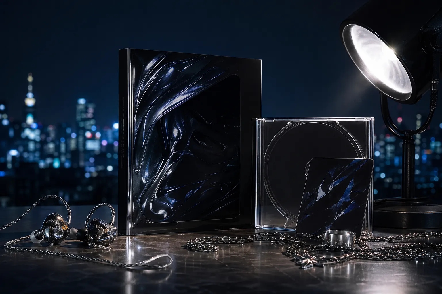 Minimal K-pop solo album teaser objects with Seoul night atmosphere