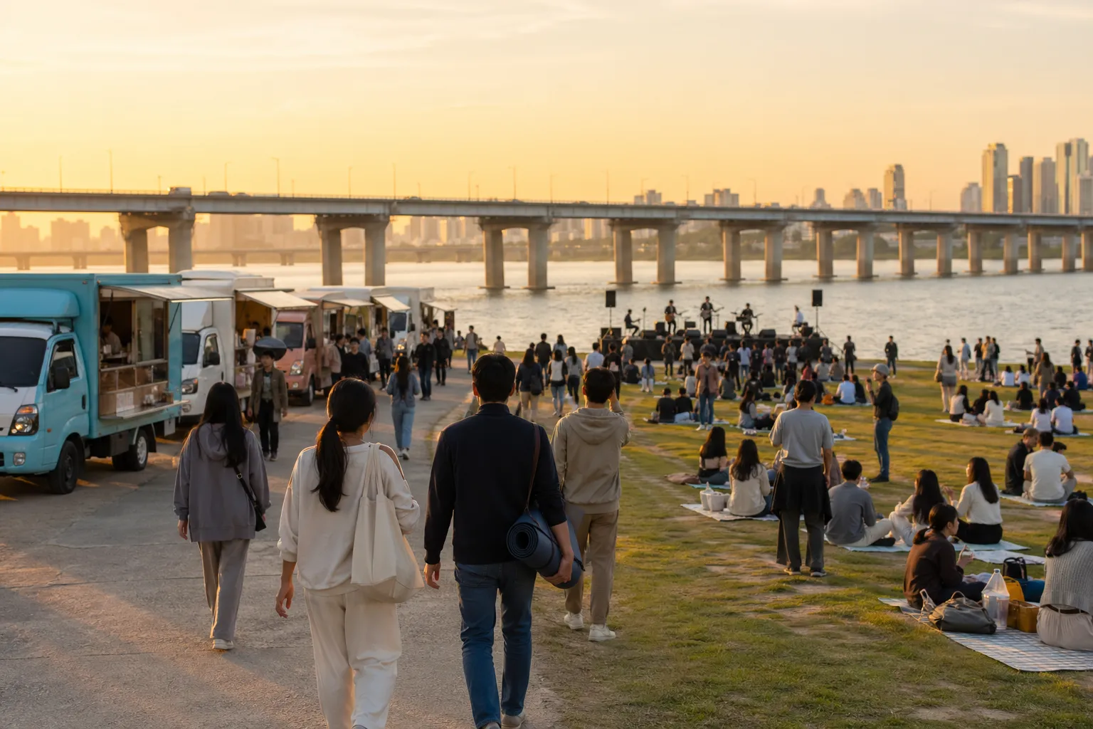 Banpo Hangang Park festival area with food trucks, yoga, performances, and riverside visitors.