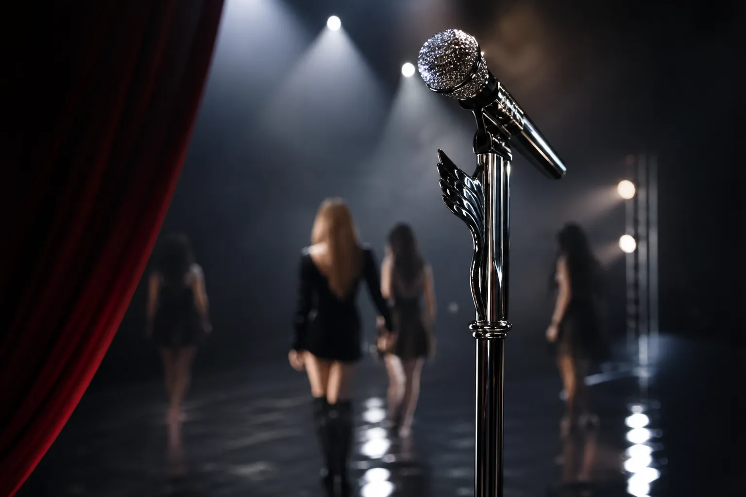 Moody music video teaser set with microphone, red curtain, and blurred performers.