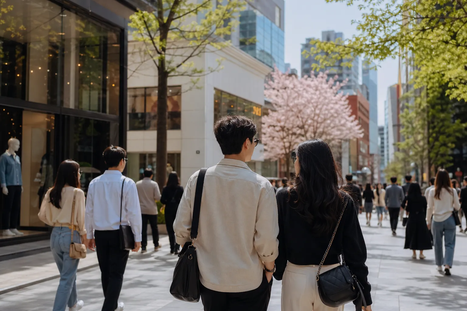 Chinese travelers exploring a modern Seoul K-culture district during May Day travel