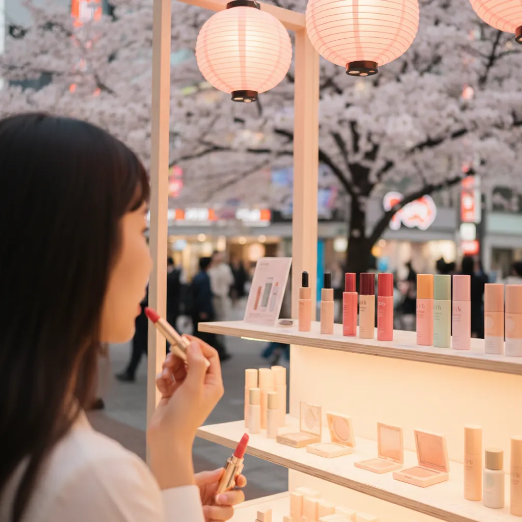 Hands applying Olive Young K-beauty lipstick at Japan experiential event