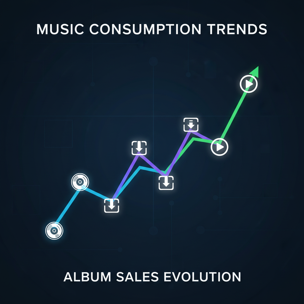 Content image displaying a rising graph with music sales icons (vinyl, download, stream) to illustrate BTS album sales concept, in a clean flat illustration style