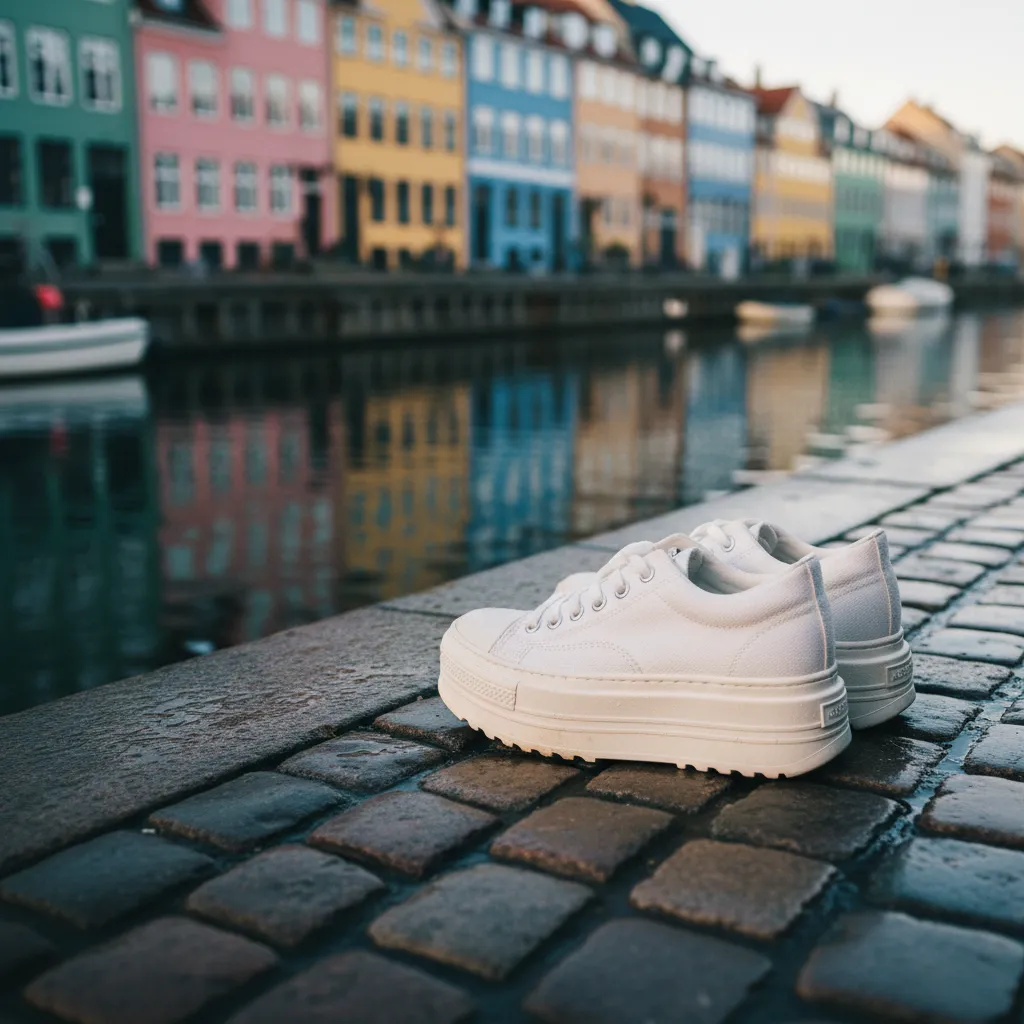White sneakers on a wet Copenhagen street beside a canal reflection, hinting at a recent visit