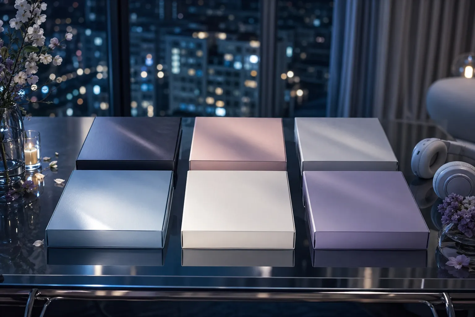 Unmarked six-track album concept arrangement with romantic lighting and modern Seoul ambience