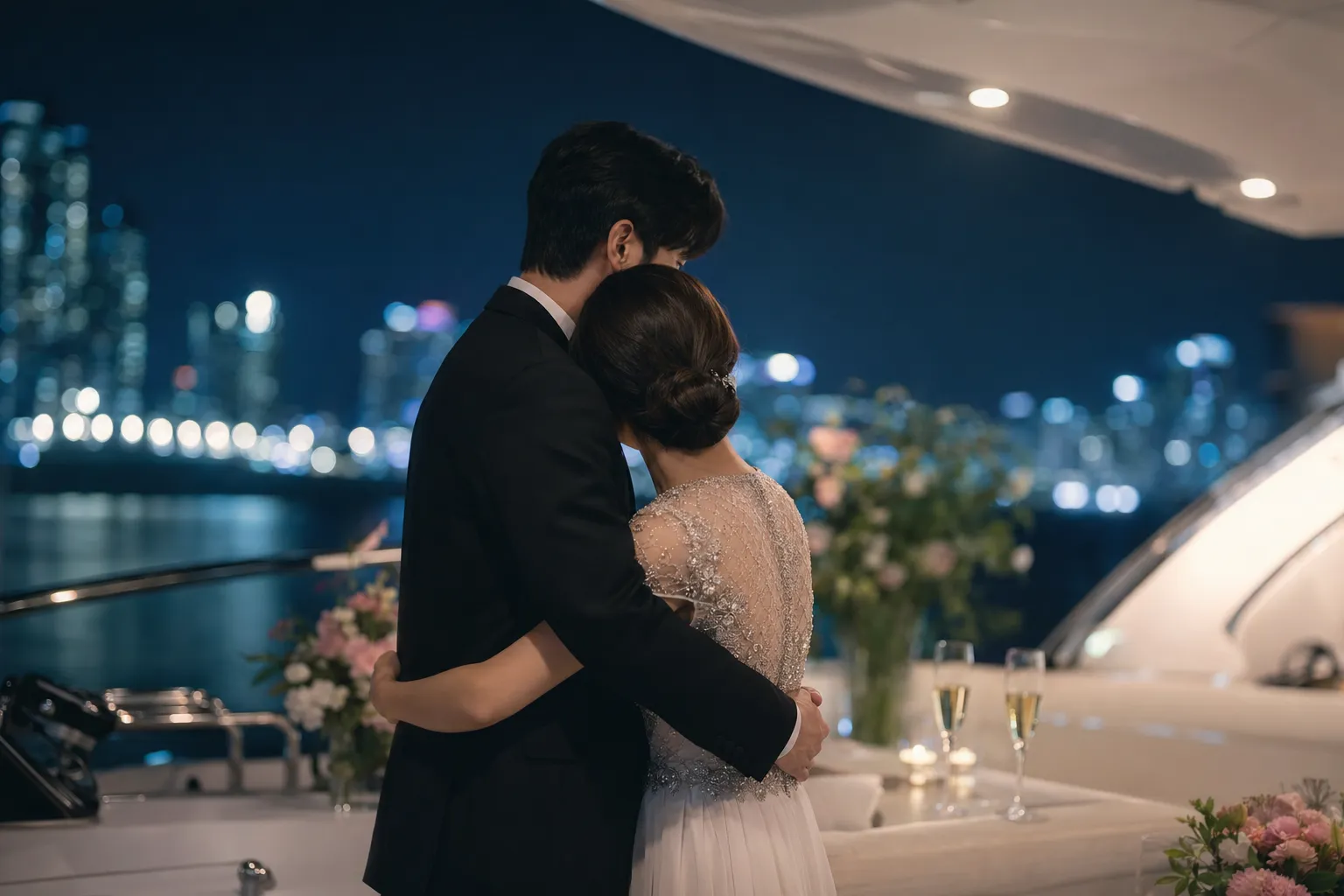 An elegant yacht deck scene with a fictional royal couple embracing against a blurred Seoul night skyline.