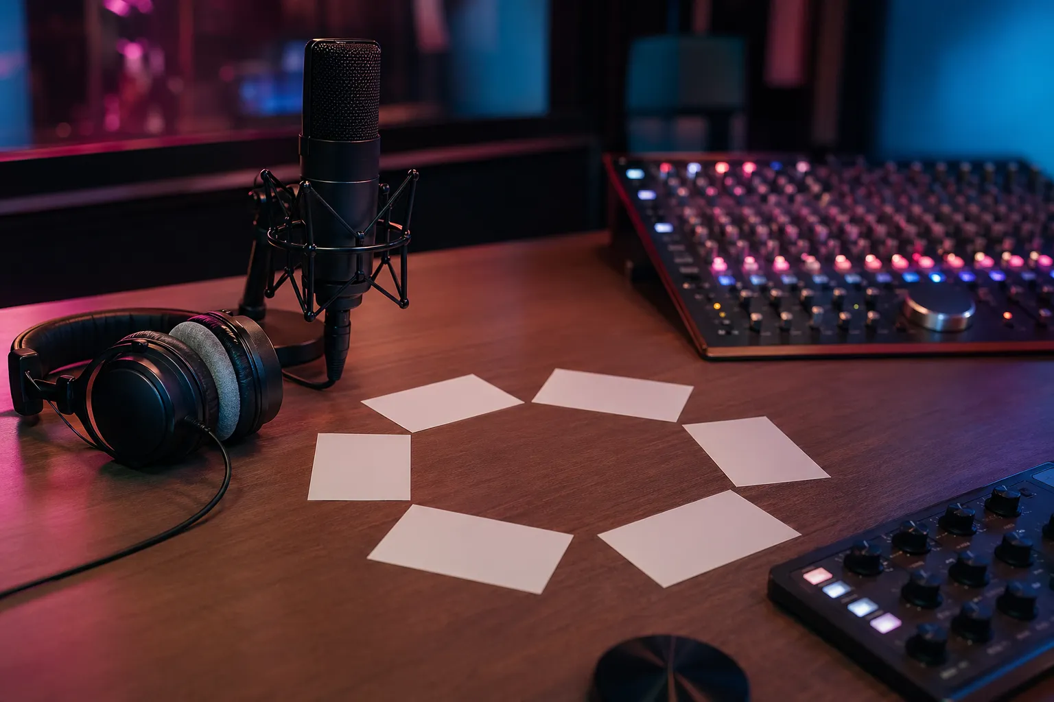 Modern K-pop recording studio setup with headphones, mixer, microphone, and six unlabeled cue cards arranged in a loop.