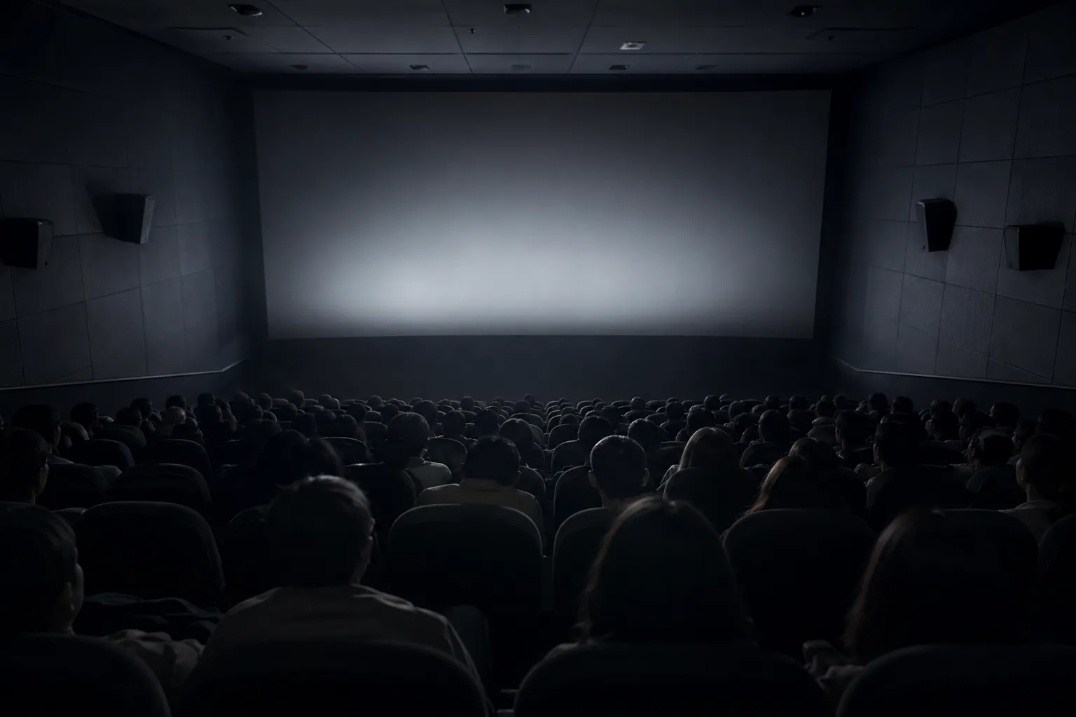 A Korean cinema auditorium filled with silhouetted viewers facing a blank screen before a horror movie screening.