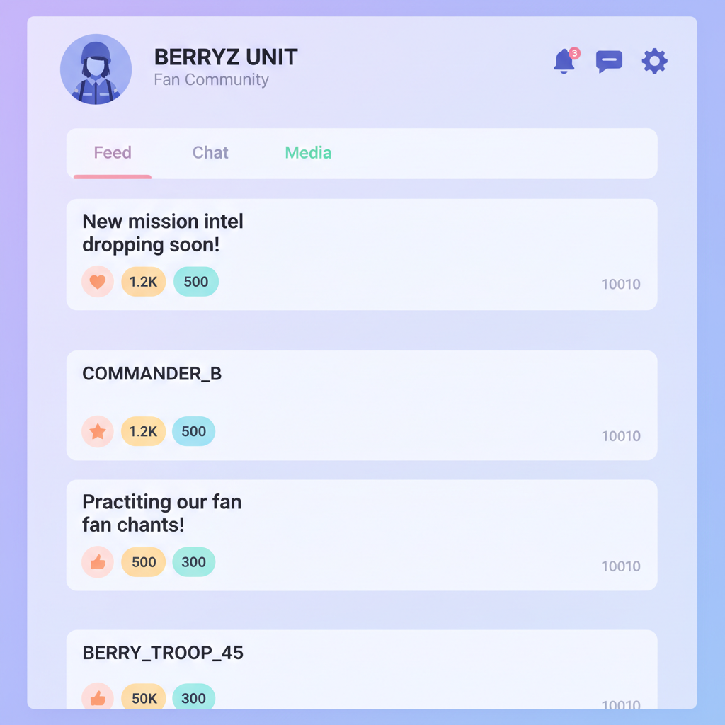 Content image illustrating the fan community interface on Berryz platform with a faceless military avatar