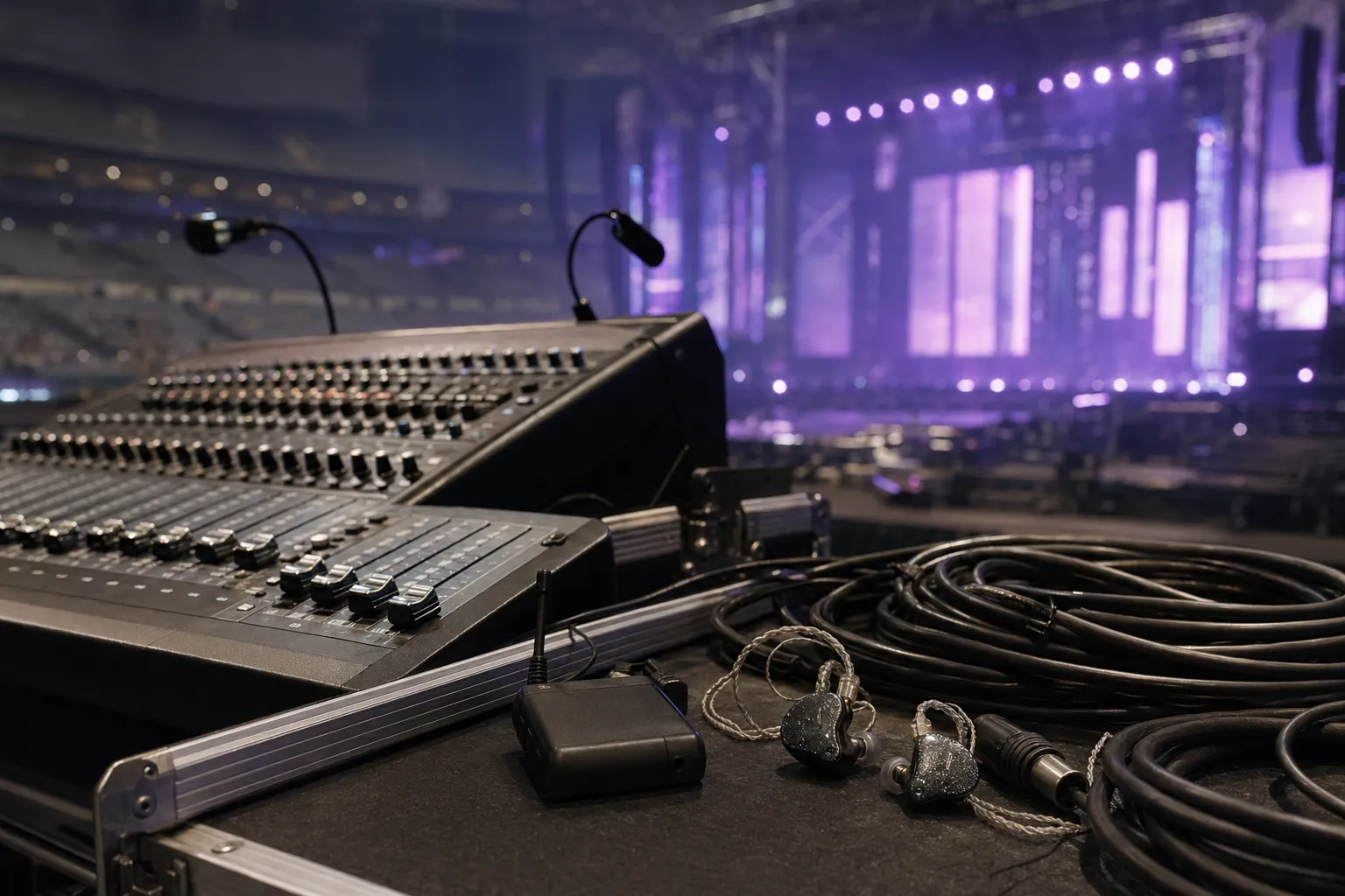 Concert soundboard and in-ear monitors suggesting a live performance audio problem