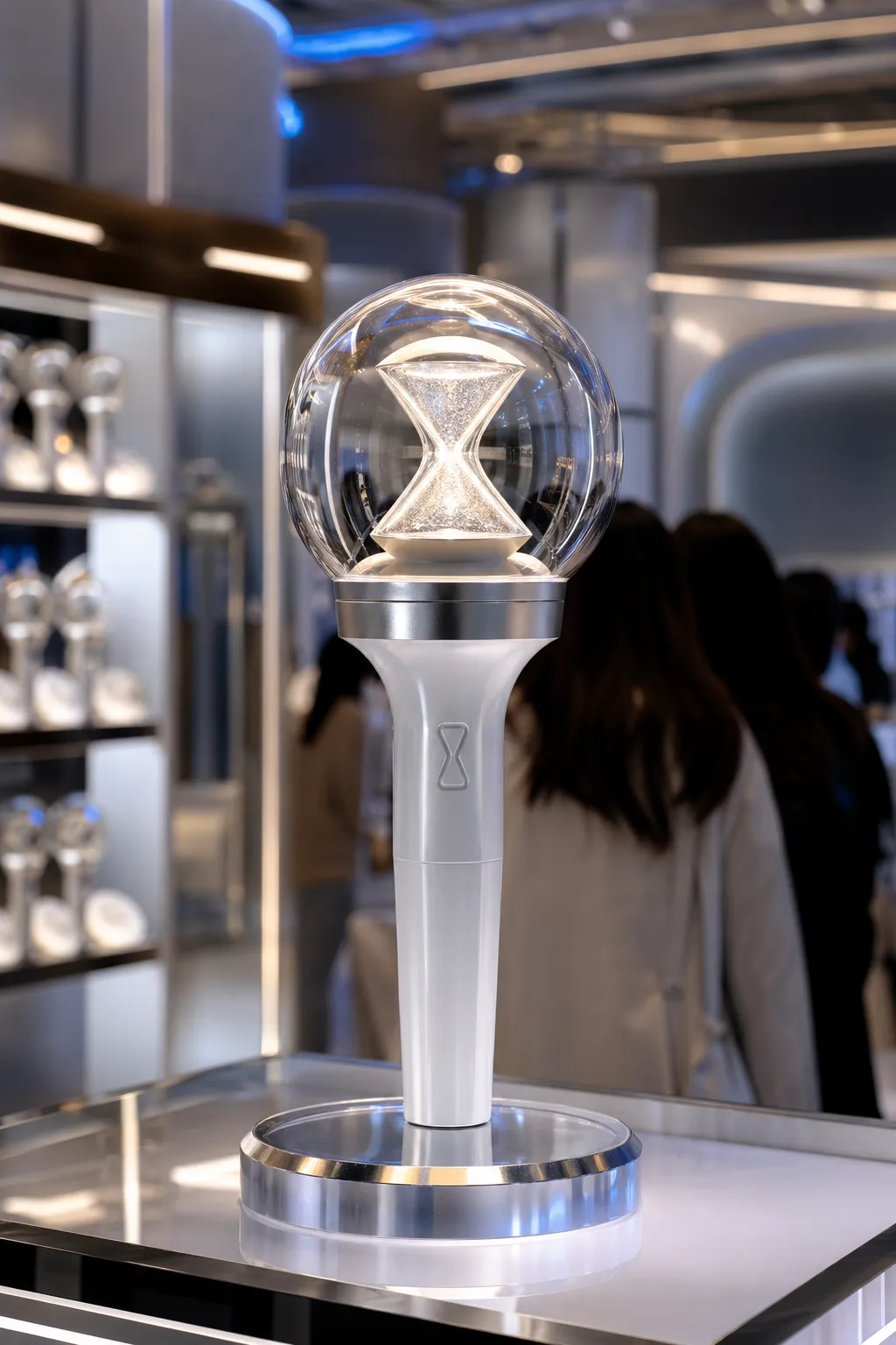 New K-pop lightstick displayed in a modern Seoul pop-up setting with a glowing hourglass design.