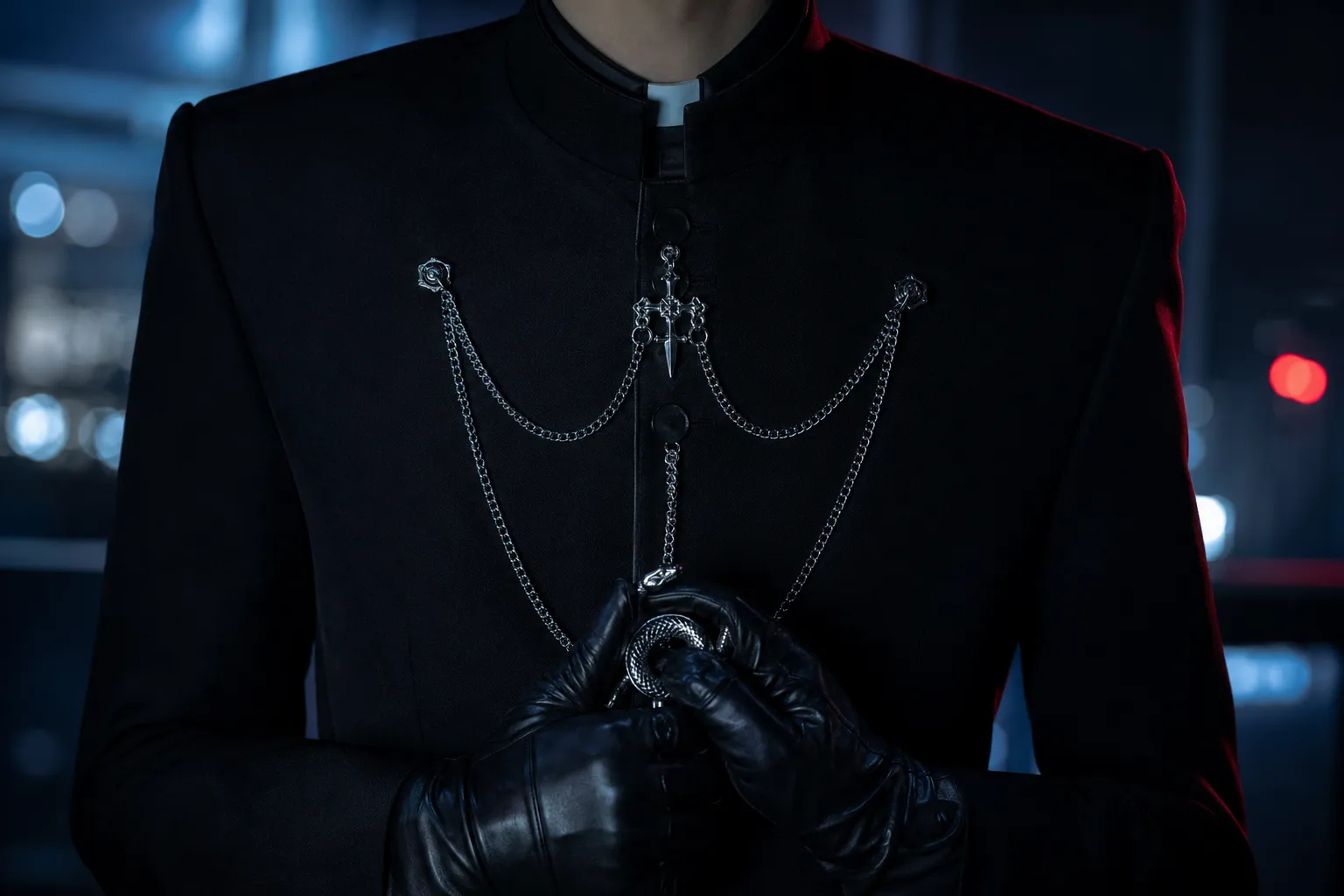 Close-up of dark seminary-inspired K-pop styling with a metallic serpent ornament and cinematic lighting.