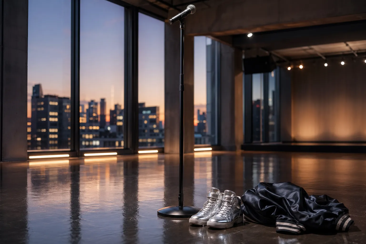 A cinematic Seoul rehearsal studio with dance shoes and stage gear suggesting a K-pop comeback.