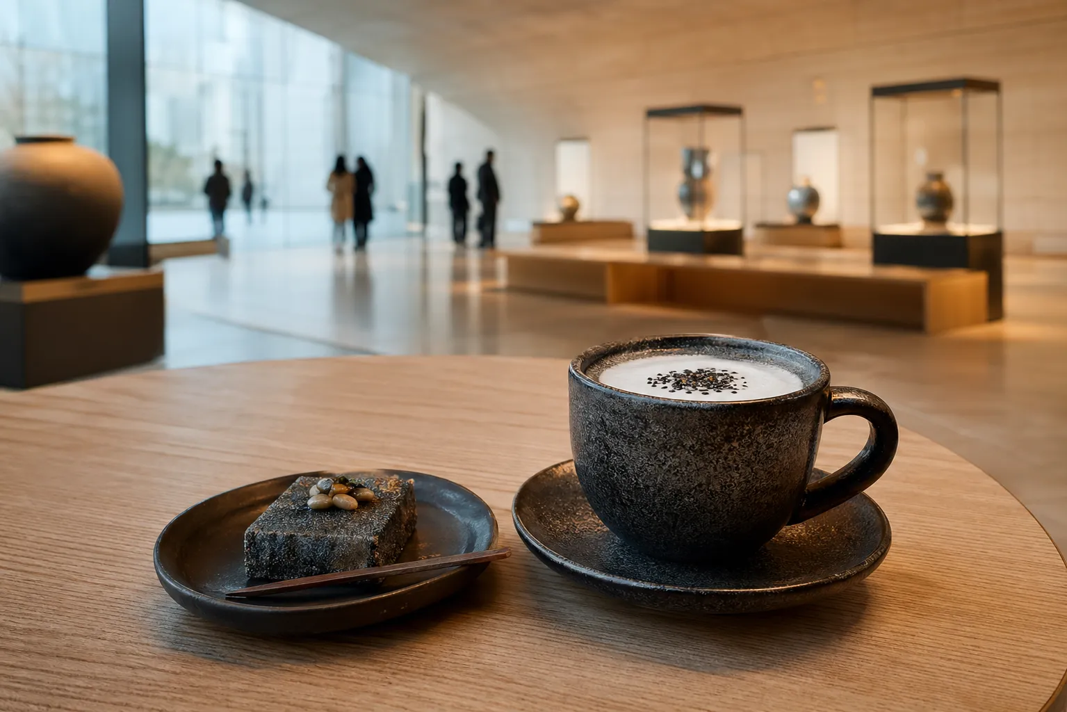Black sesame latte served with a dessert inside a refined modern museum cafe in Seoul