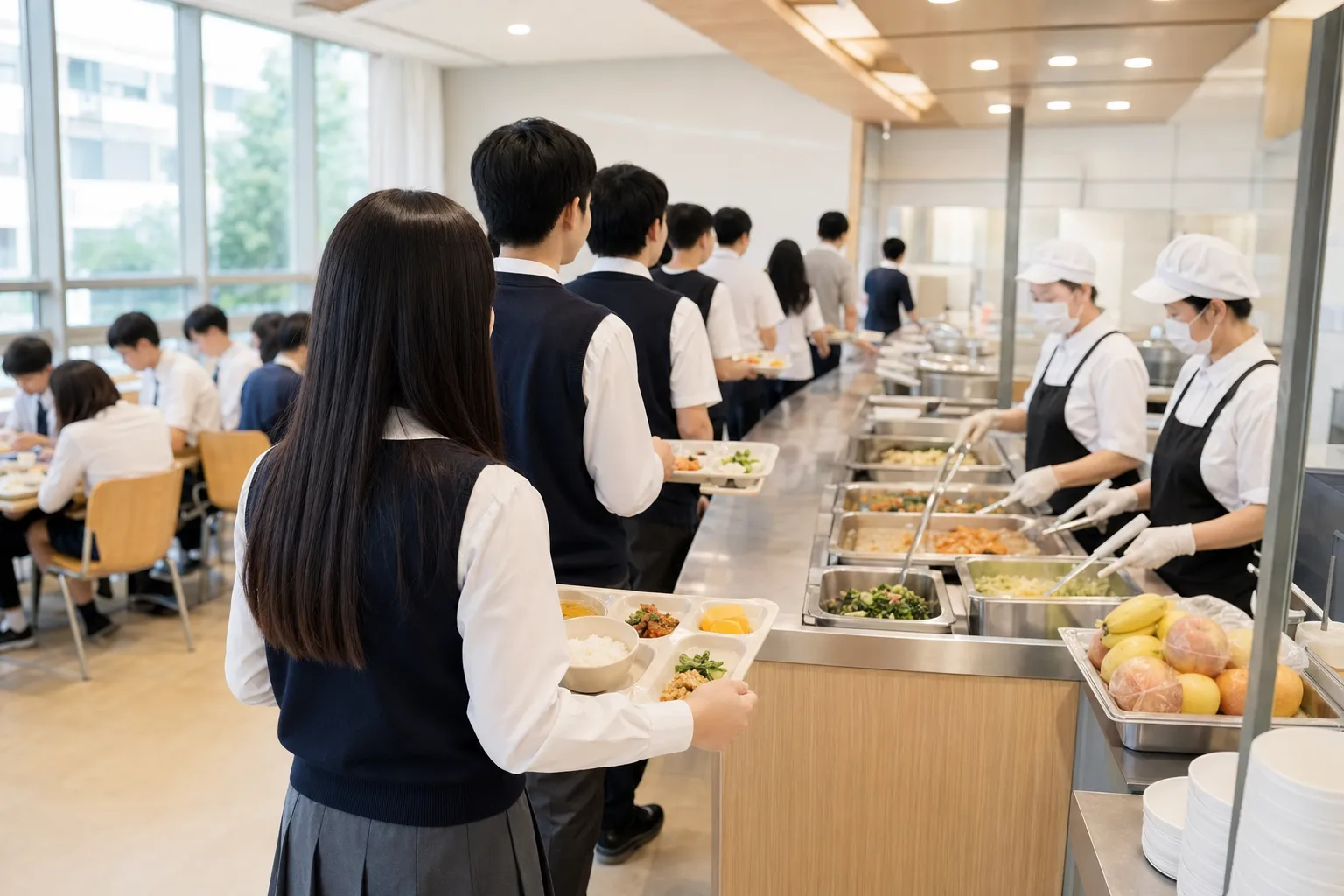 Students in a modern Korean cafeteria receiving balanced course-style school lunches.