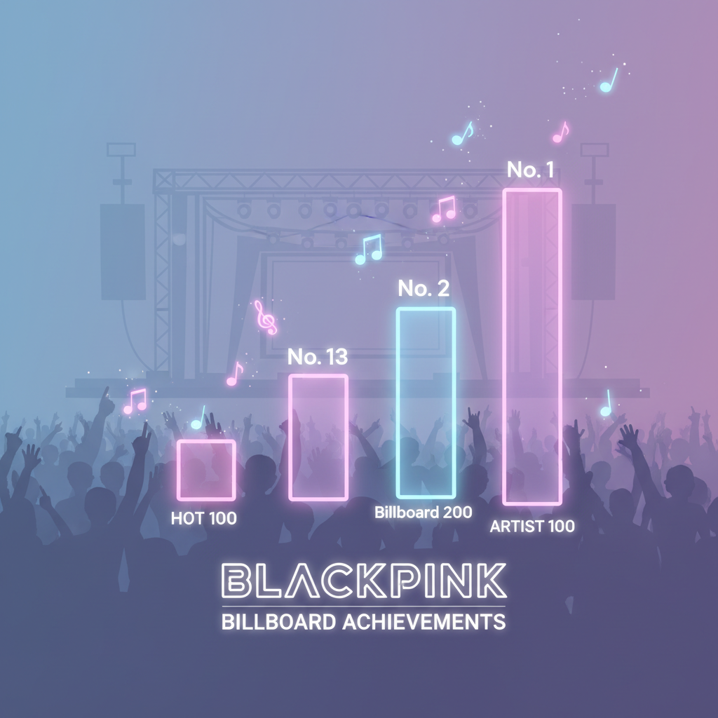 Content image illustrating Billboard chart achievements with neon bars and musical notes