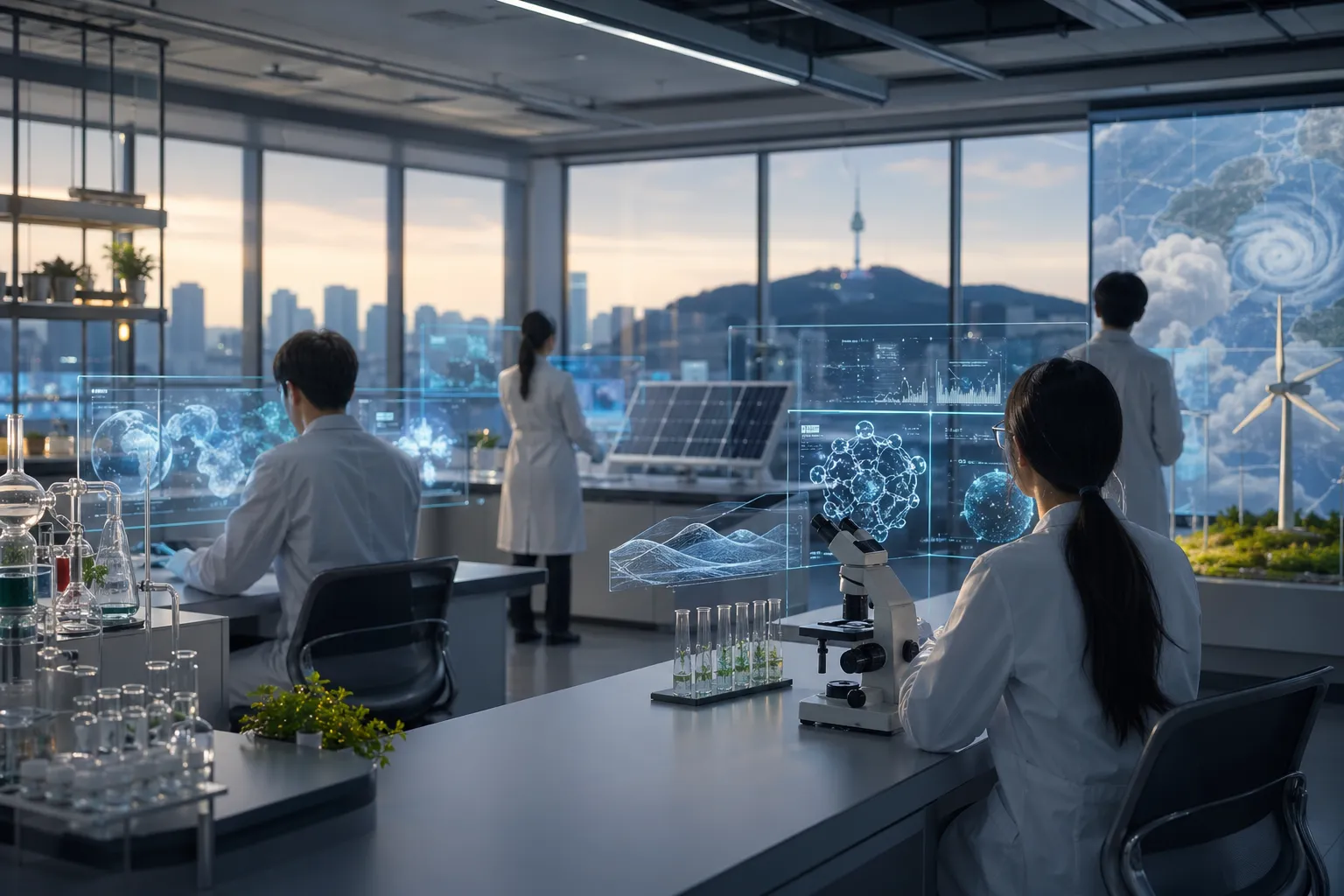 Researchers in a modern Korean AI lab working on scientific and climate-focused AI cooperation.