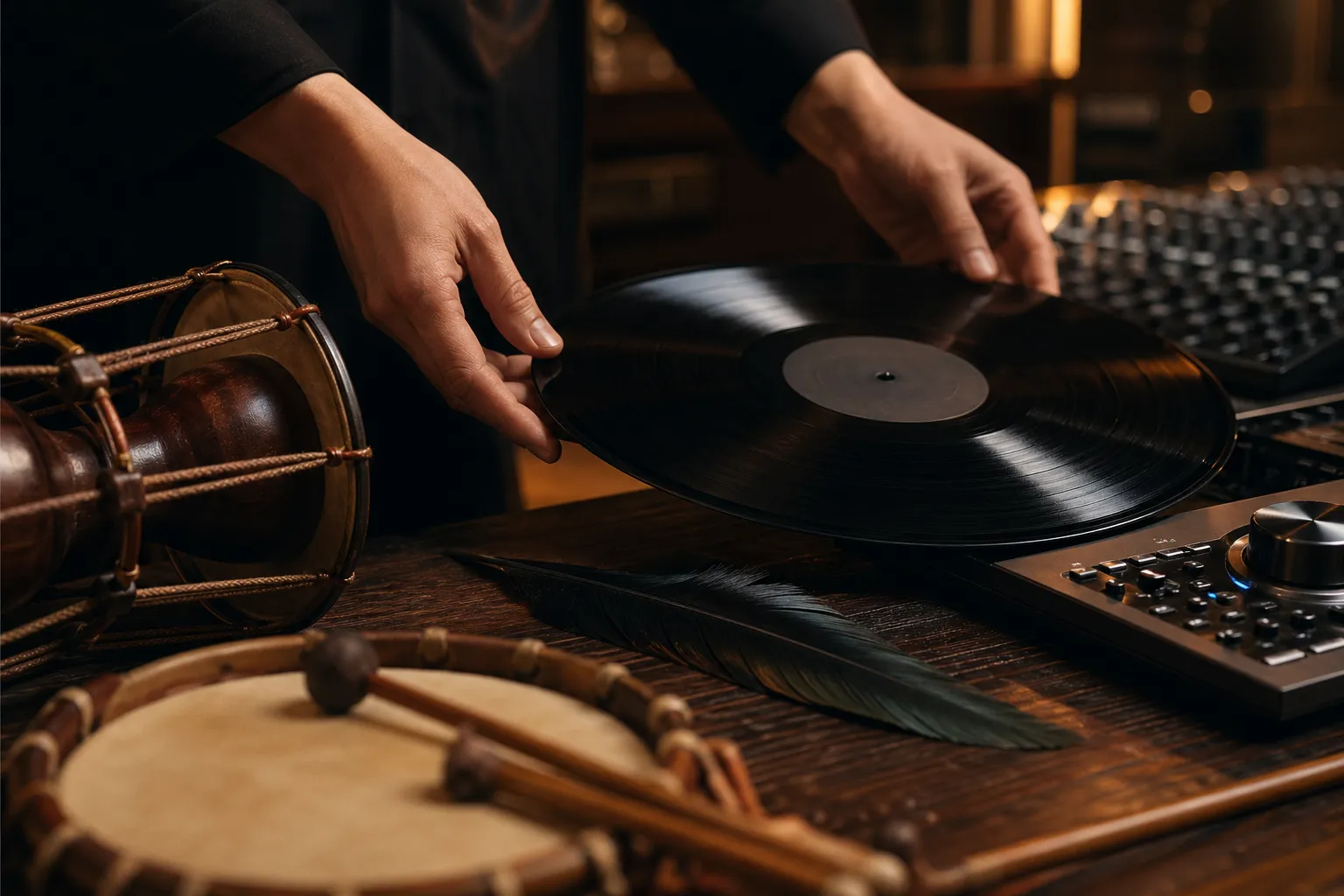 A Seoul music studio setup with vinyl, Korean instruments, audio gear, and a crow feather representing an international music release partnership.
