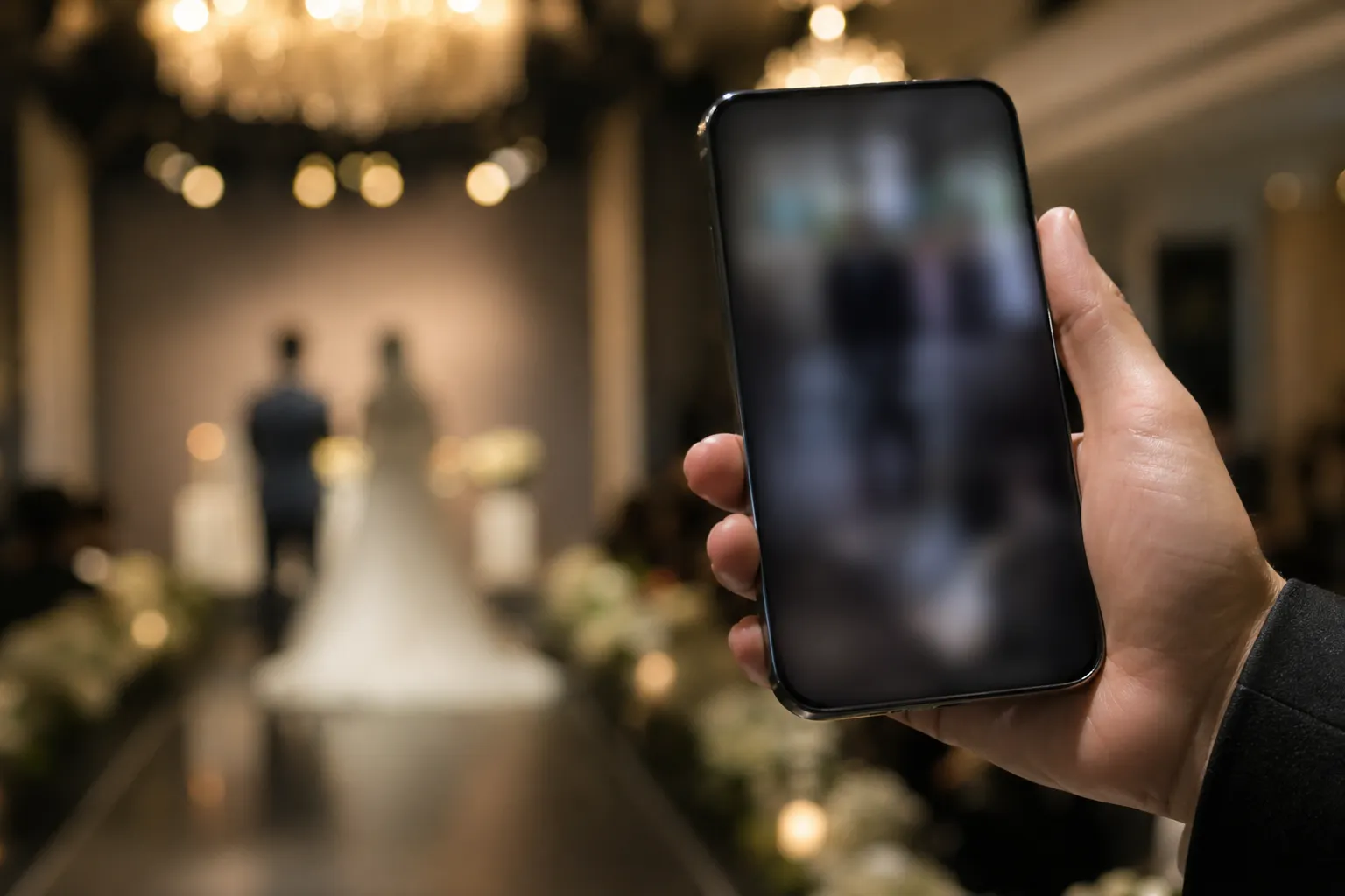 A discreet smartphone recording a blurred private wedding ceremony, symbolizing privacy concerns over leaked photos.