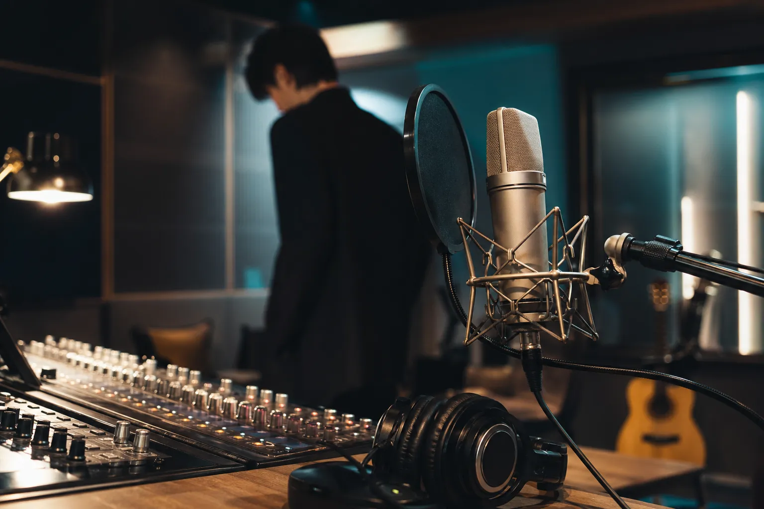 A cinematic Seoul recording studio scene with microphone and headphones for a solo mini album comeback.